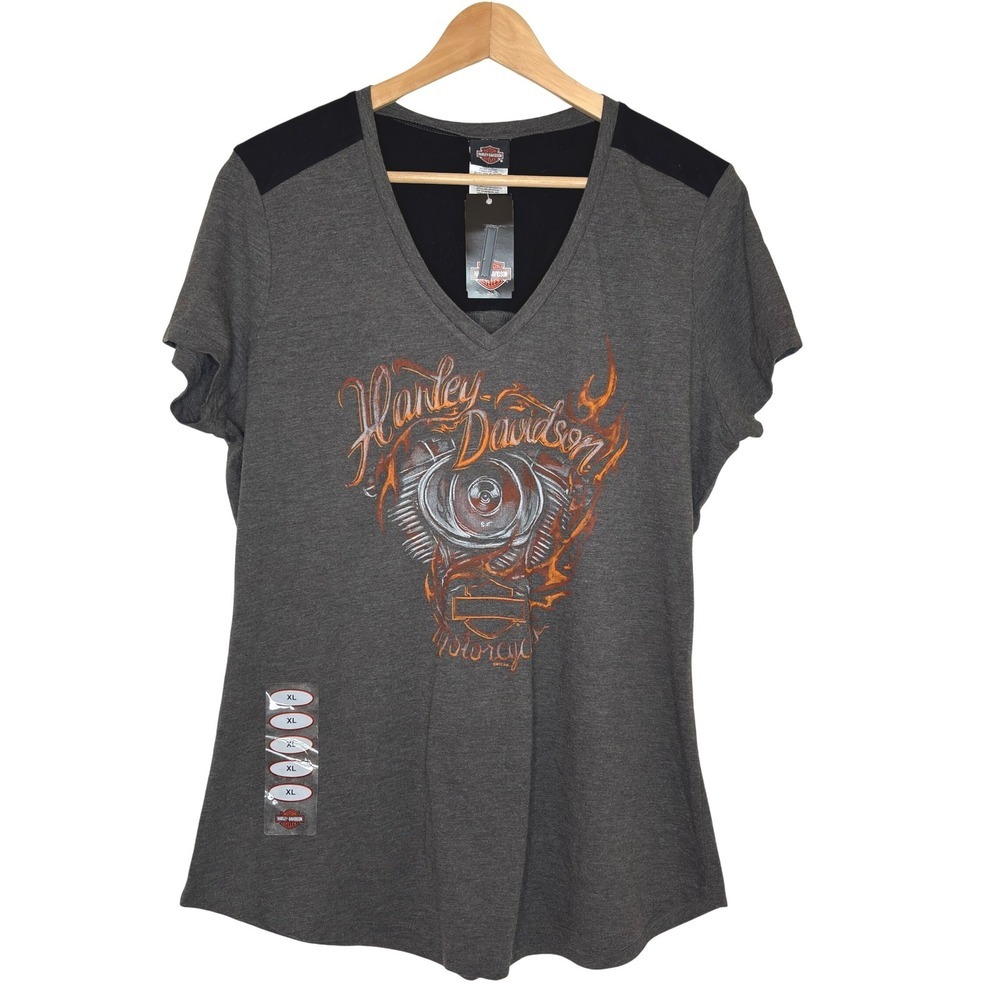 Harley Davidson Womens XL V Neck T Shirt Graphic Flames Engine Motorcycle Shirt